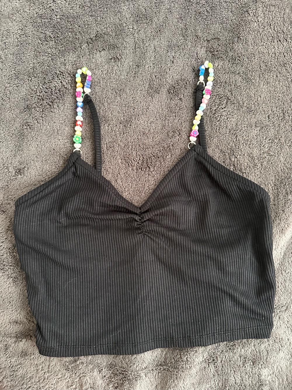 Bershka Black Ribbed Crop Top with Multicolor Beaded Straps
